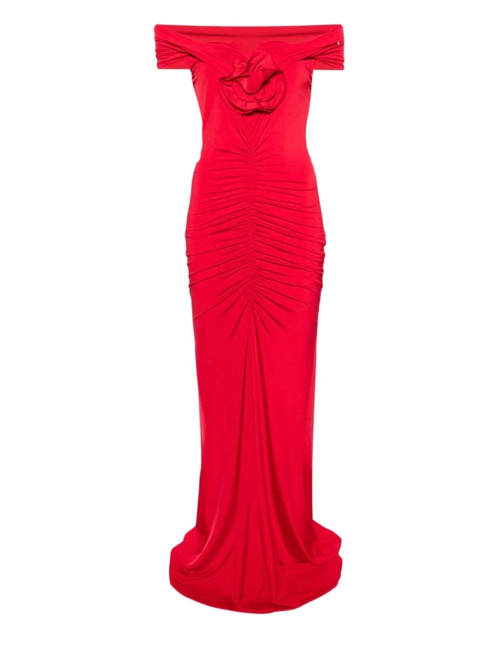 Strapless Red Ruched Evening Gown with Floral Accent